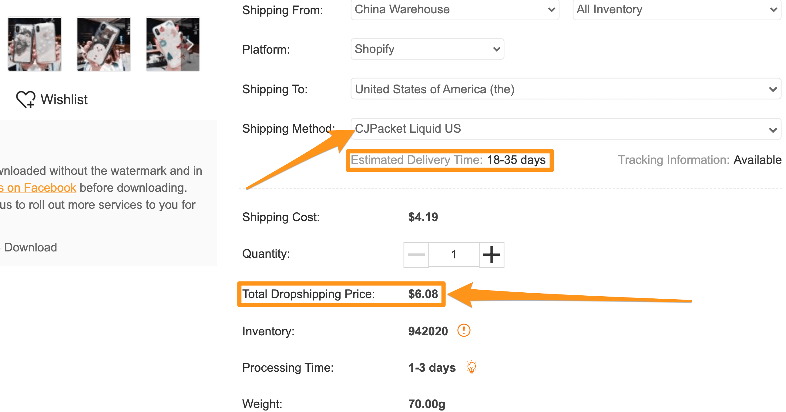 total dropshipping price