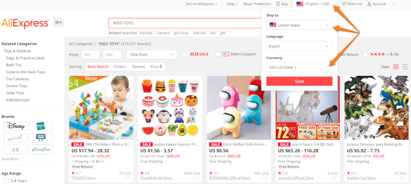 Changing the aliexpress country and currency