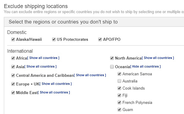 exclude shipping locations ebay australia