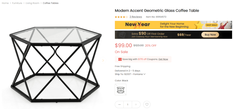 Costway Dropshipping Product Geometric Glass Coffee Table