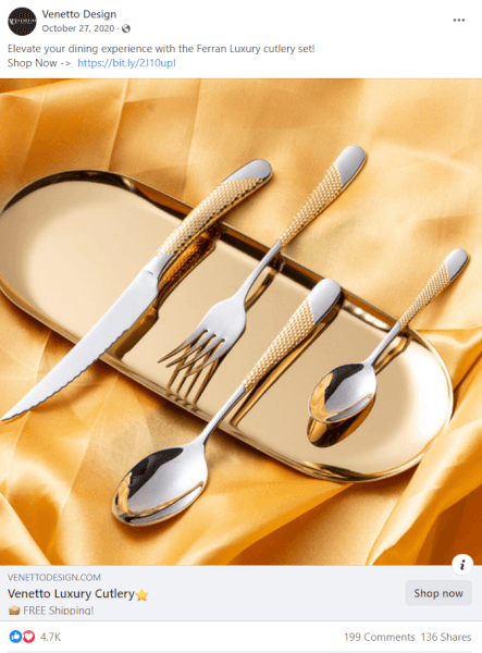 golden cutlery set facebook ad dropshipping
