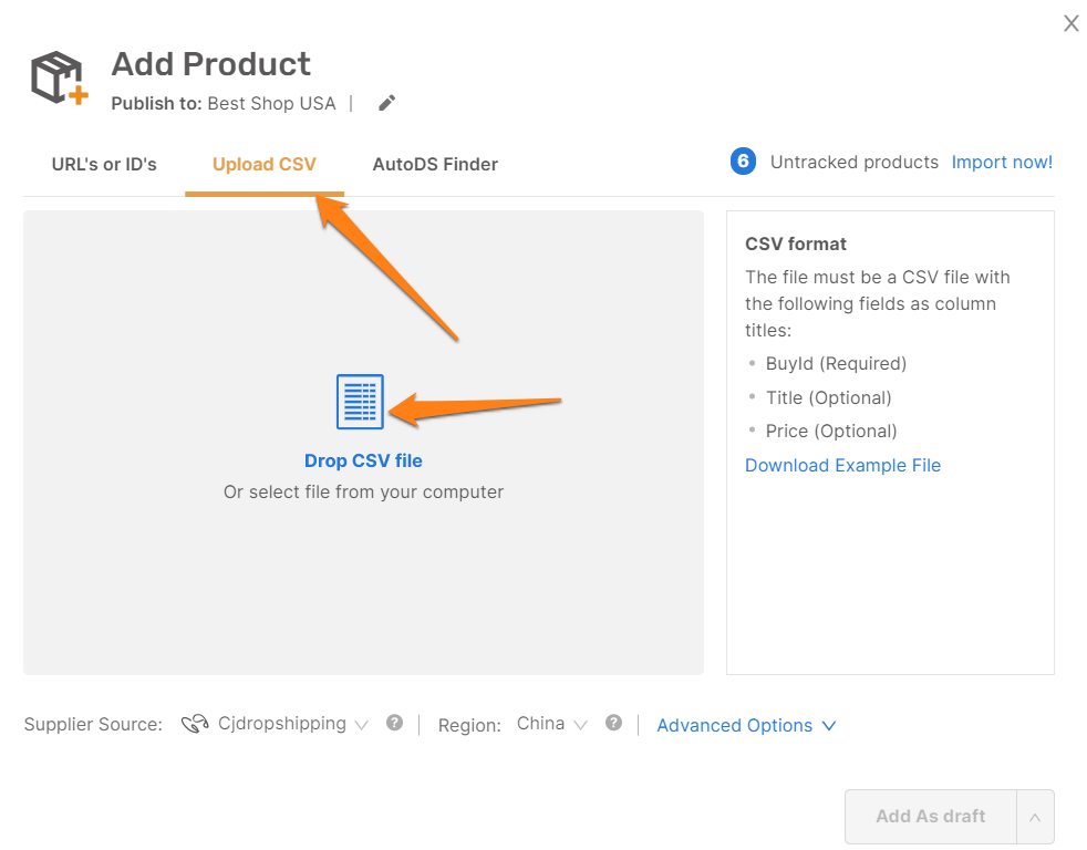 upload CSV dropshipping