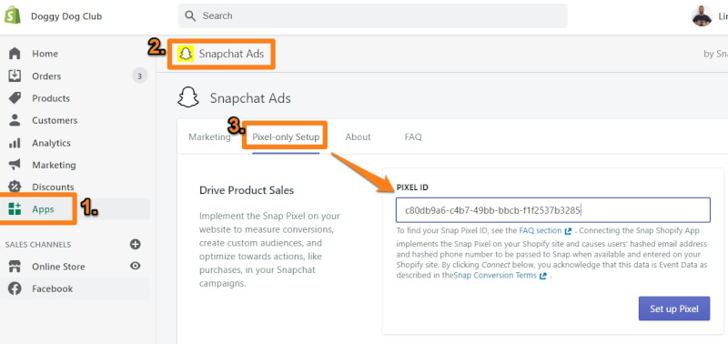 shopify apps add snapchat pixel id
