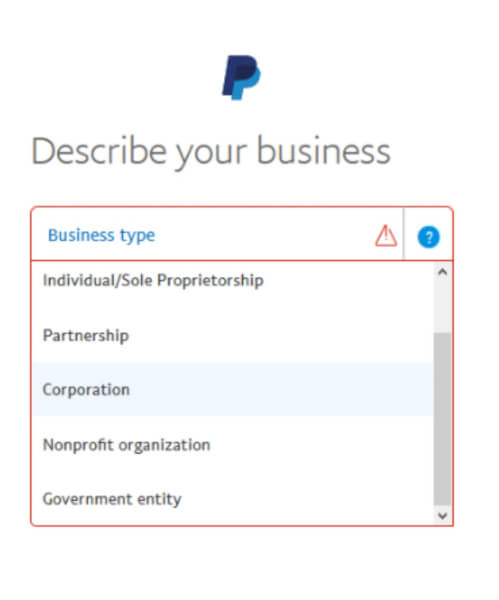 paypal business type