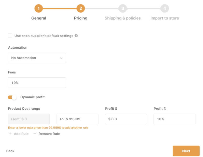 pricing settings autods add products