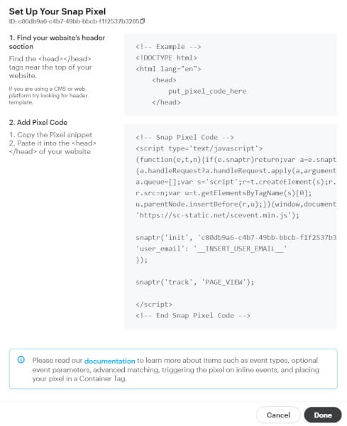 setup snapchat pixel html