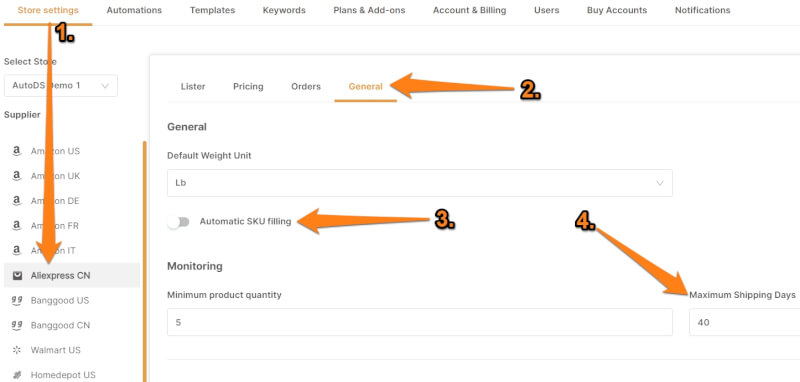 general store settings autods