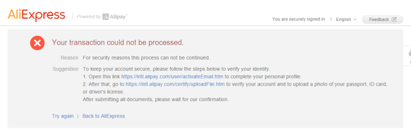 aliexpress your transaction could not be processed